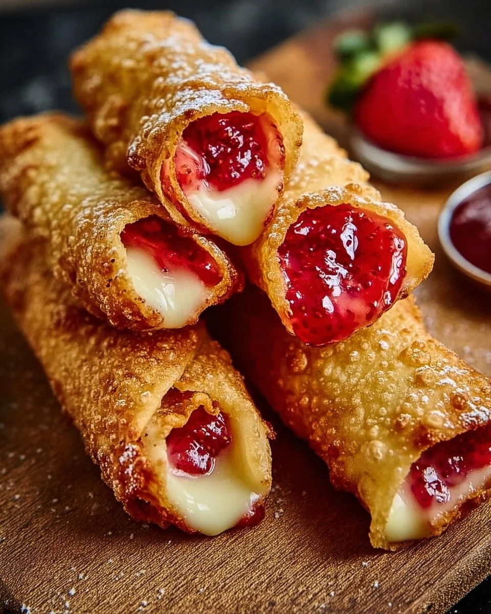 Crispy strawberry cheesecake eggrolls served on a plate with fresh strawberries
