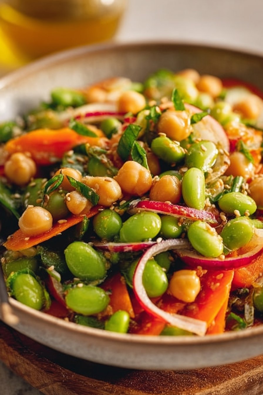 Chickpea Edamame Salad with Ginger Sesame Vinaigrette