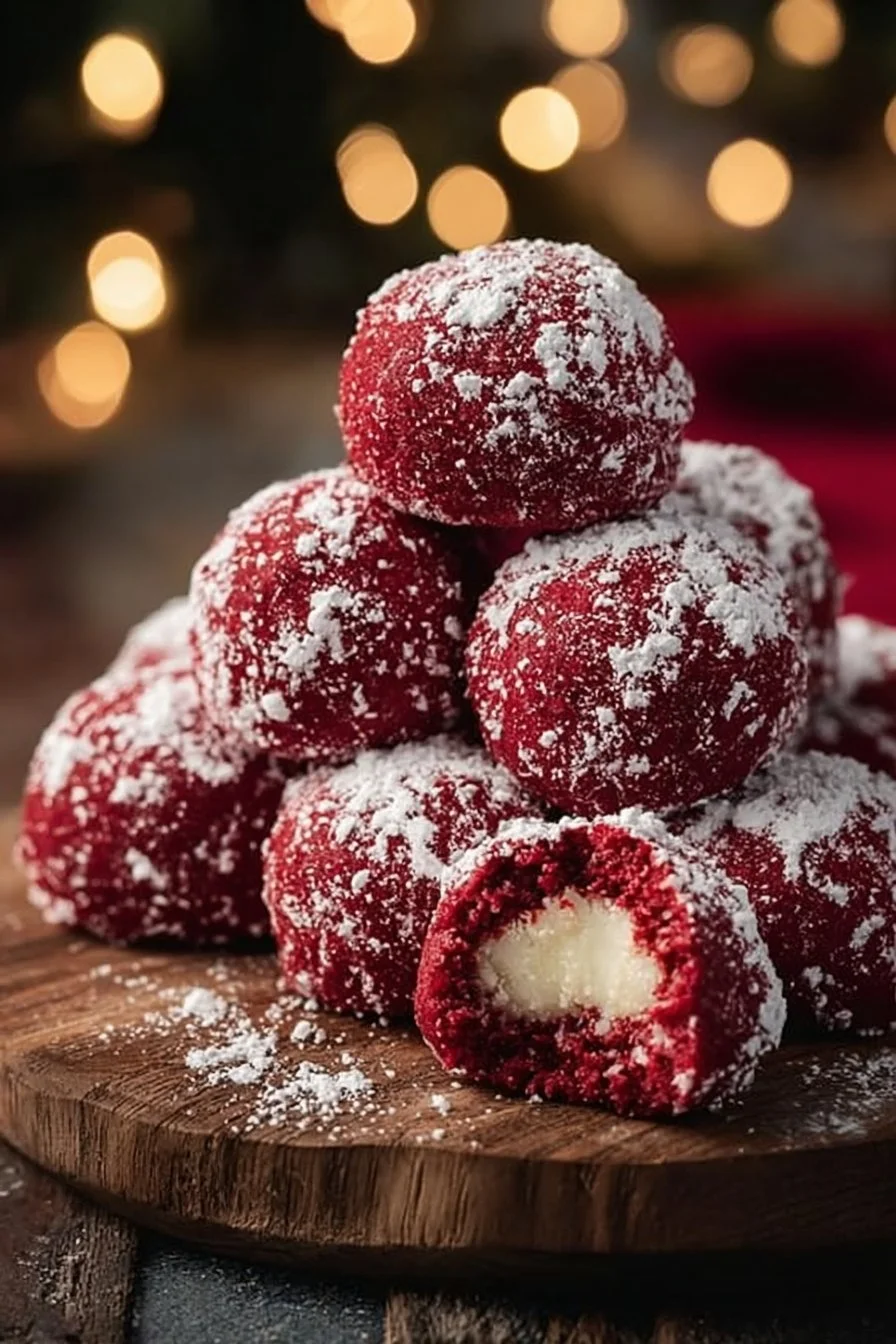 Decadent red velvet snowball cookies filled with white chocolate