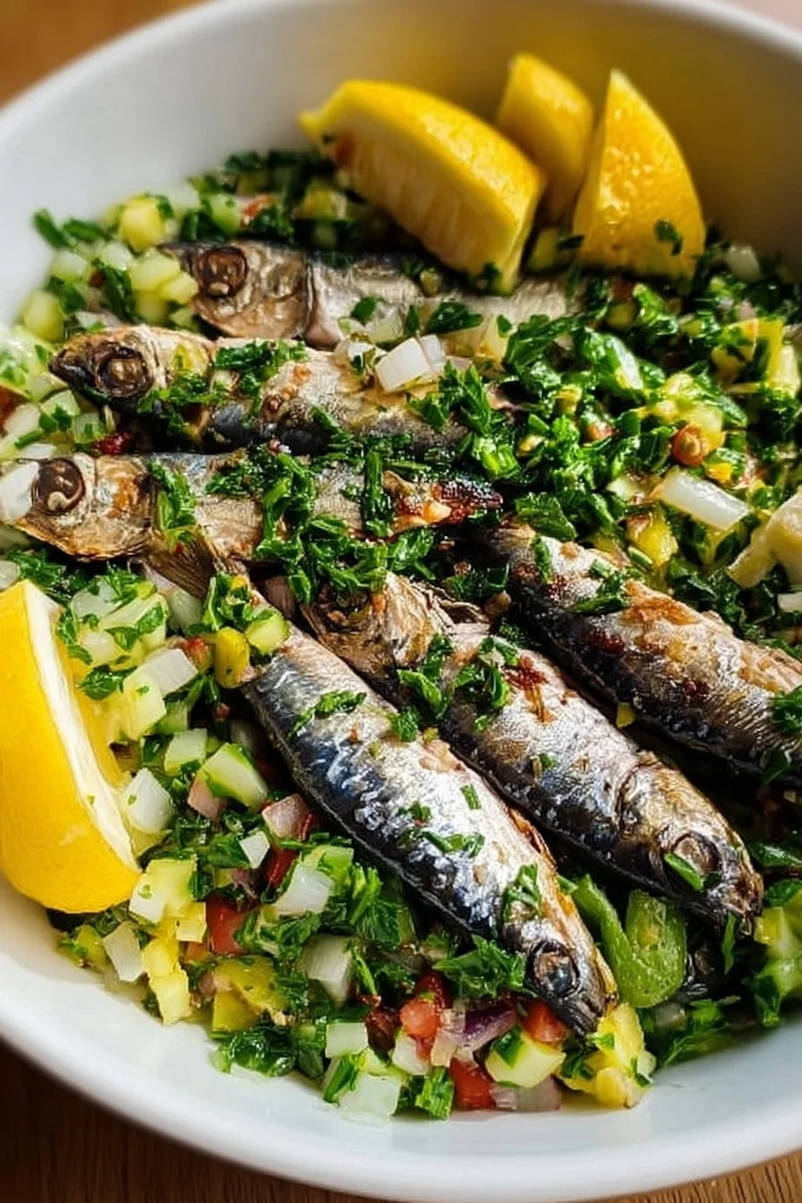 Fresh and delicious sardine salad with vegetables and dressing