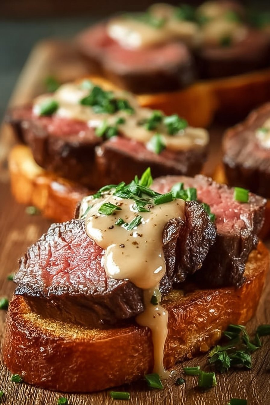 Beef Tenderloin Crostini with Parmesan Cream Sauce