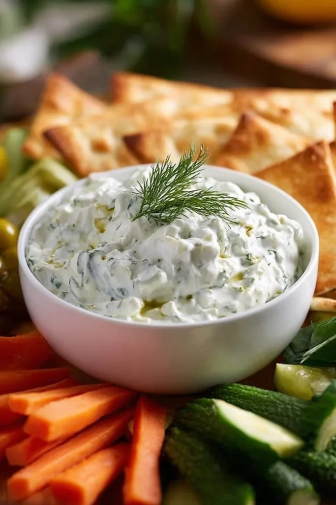 Easy dill pickle cottage cheese dip in a serving bowl