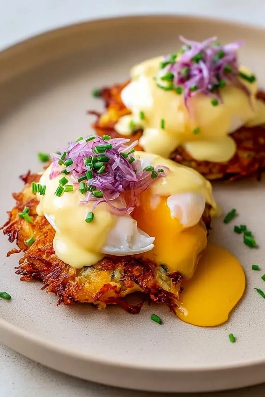 Plate of Easy Latke Eggs Benedict with poached eggs and hollandaise sauce