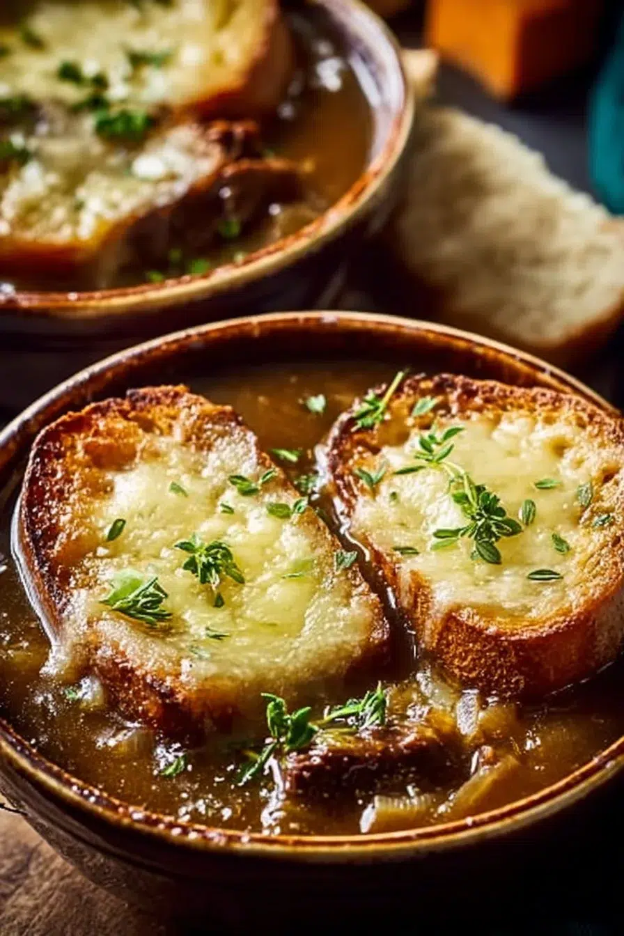 A delicious bowl of French onion short rib soup topped with Gruyère cheese toast.