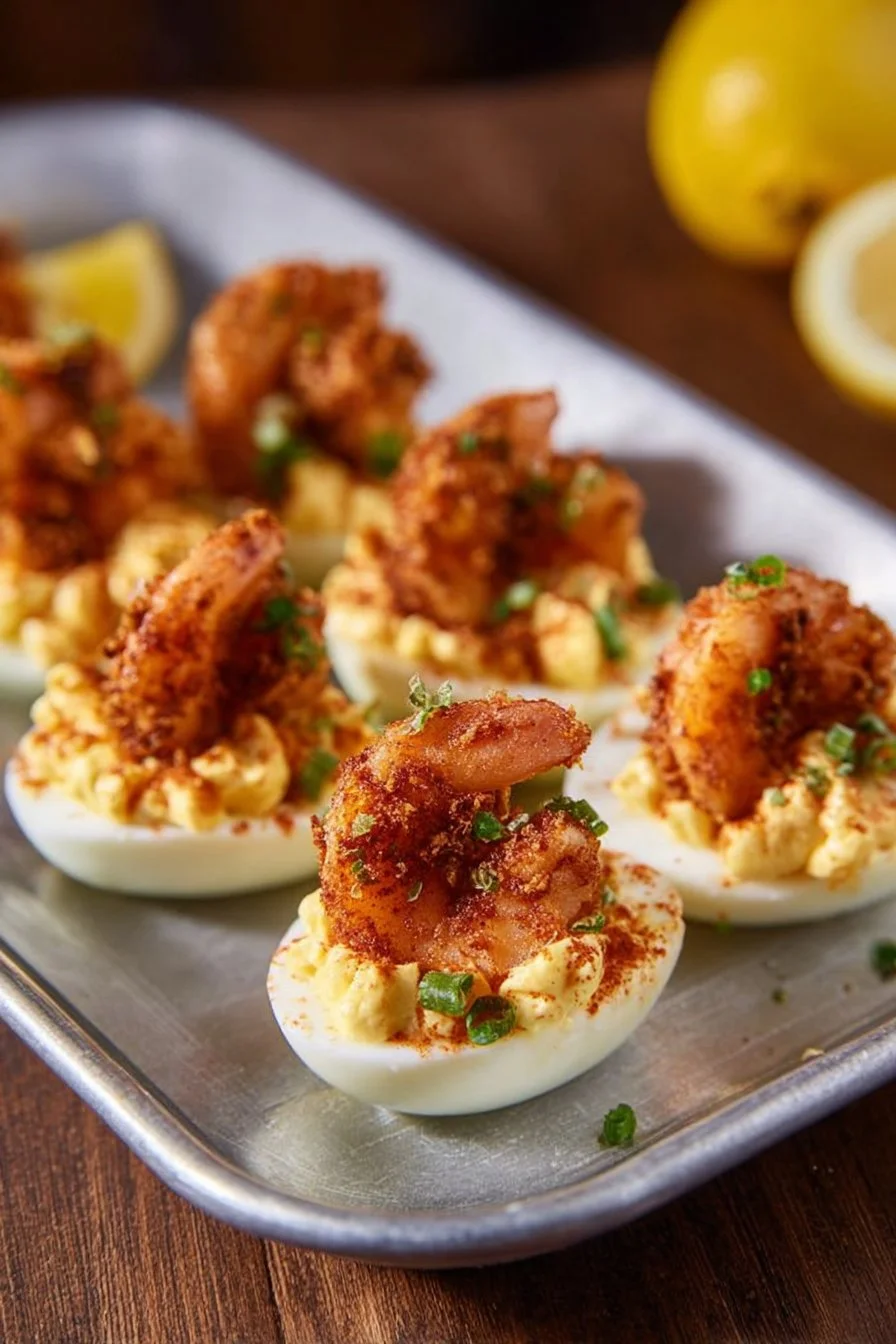 Fried shrimp deviled eggs topped with herbs and spices
