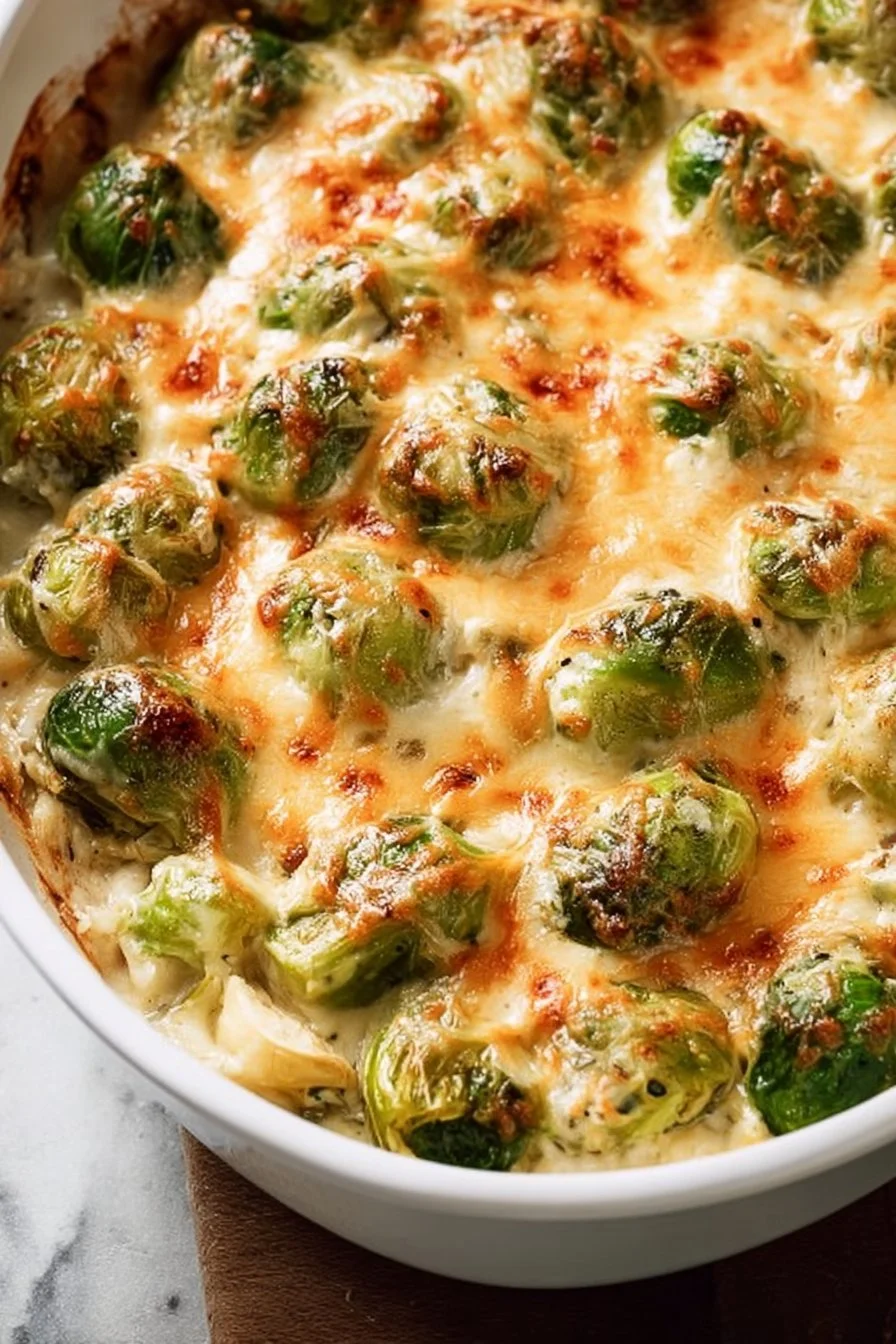 Delicious garlicky creamy Brussels sprouts au gratin served in a baking dish