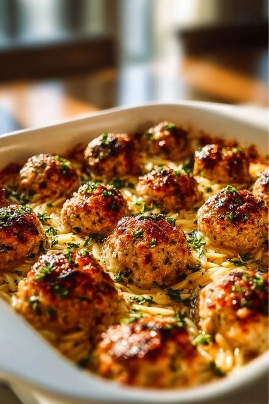 Greek chicken meatballs cooked with lemon orzo, served on a plate