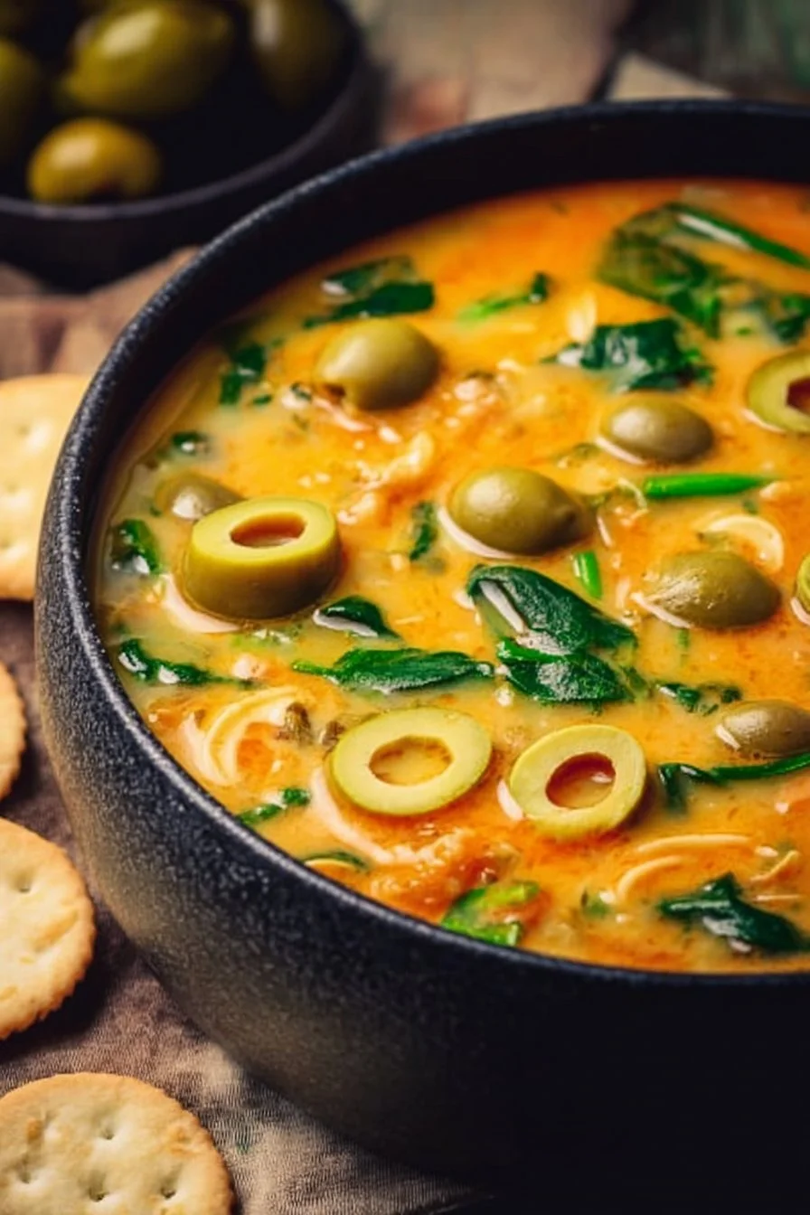 Bowl of green olive soup garnished with herbs on a wooden table