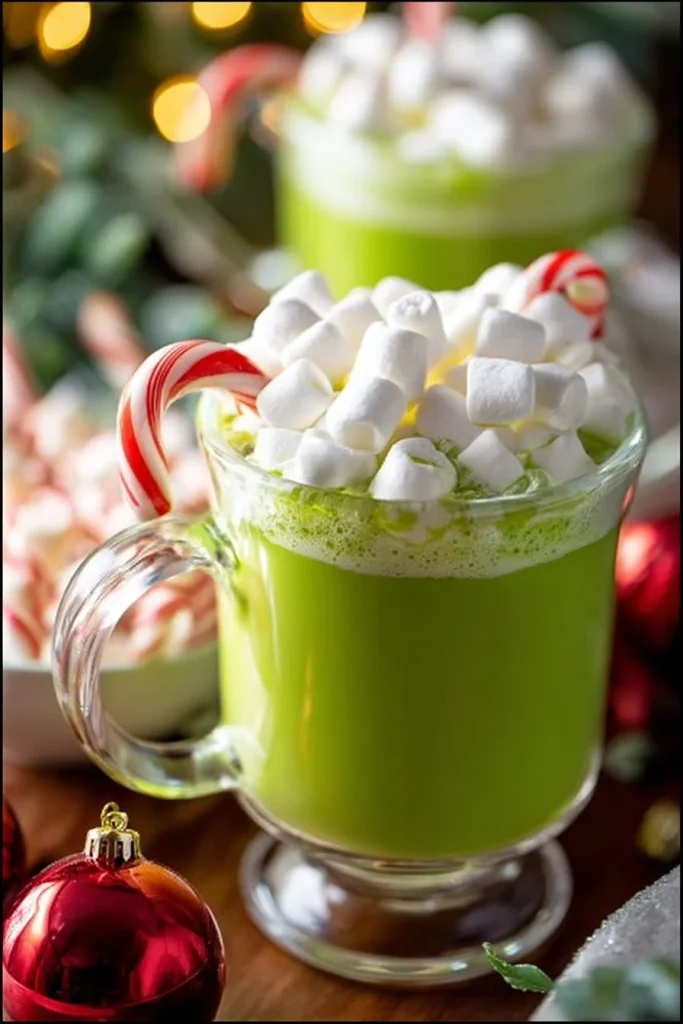 Delicious Grinch Hot Chocolate topped with whipped cream and festive decorations