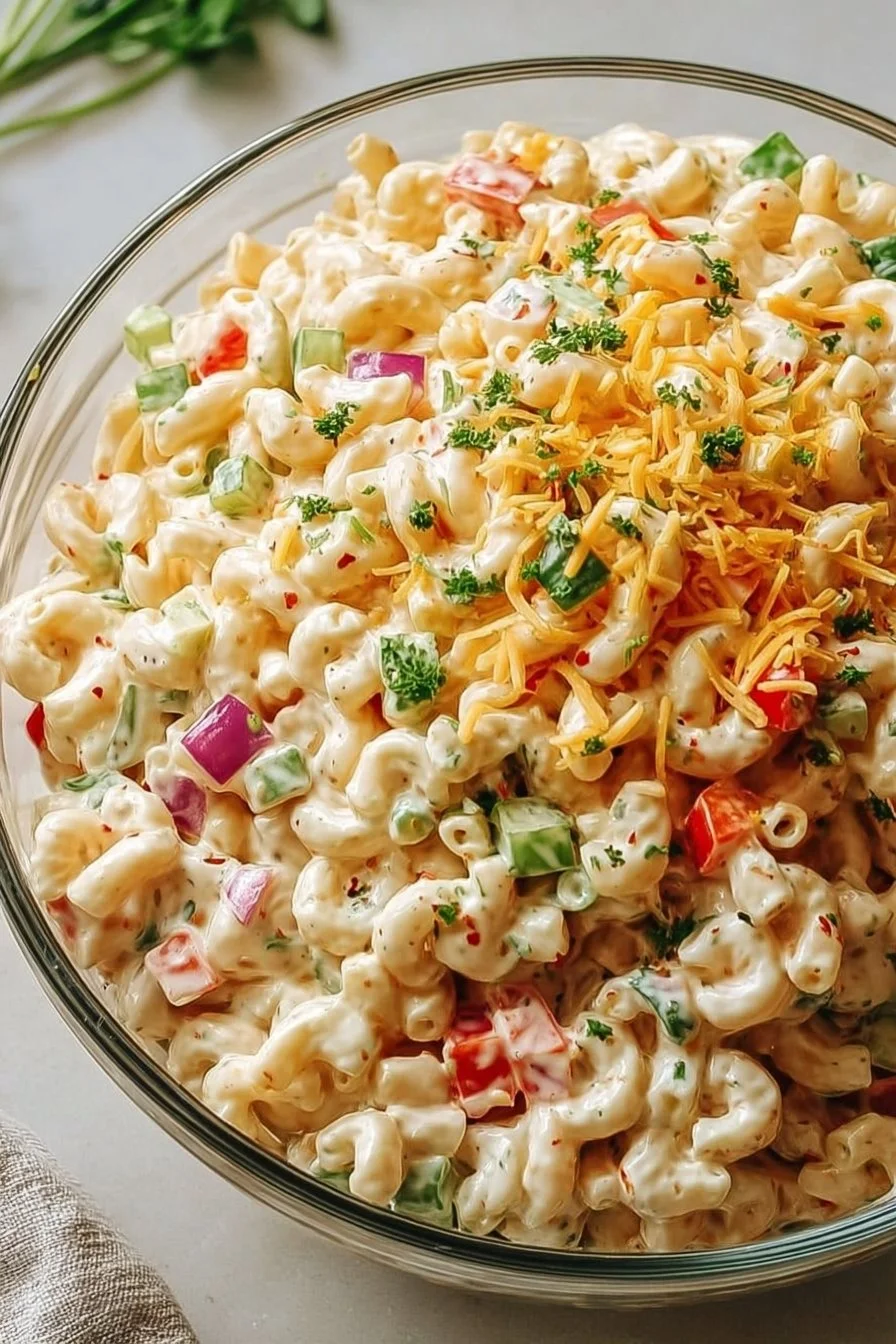 Guy Fieri's delicious rockin' macaroni salad served in a bowl