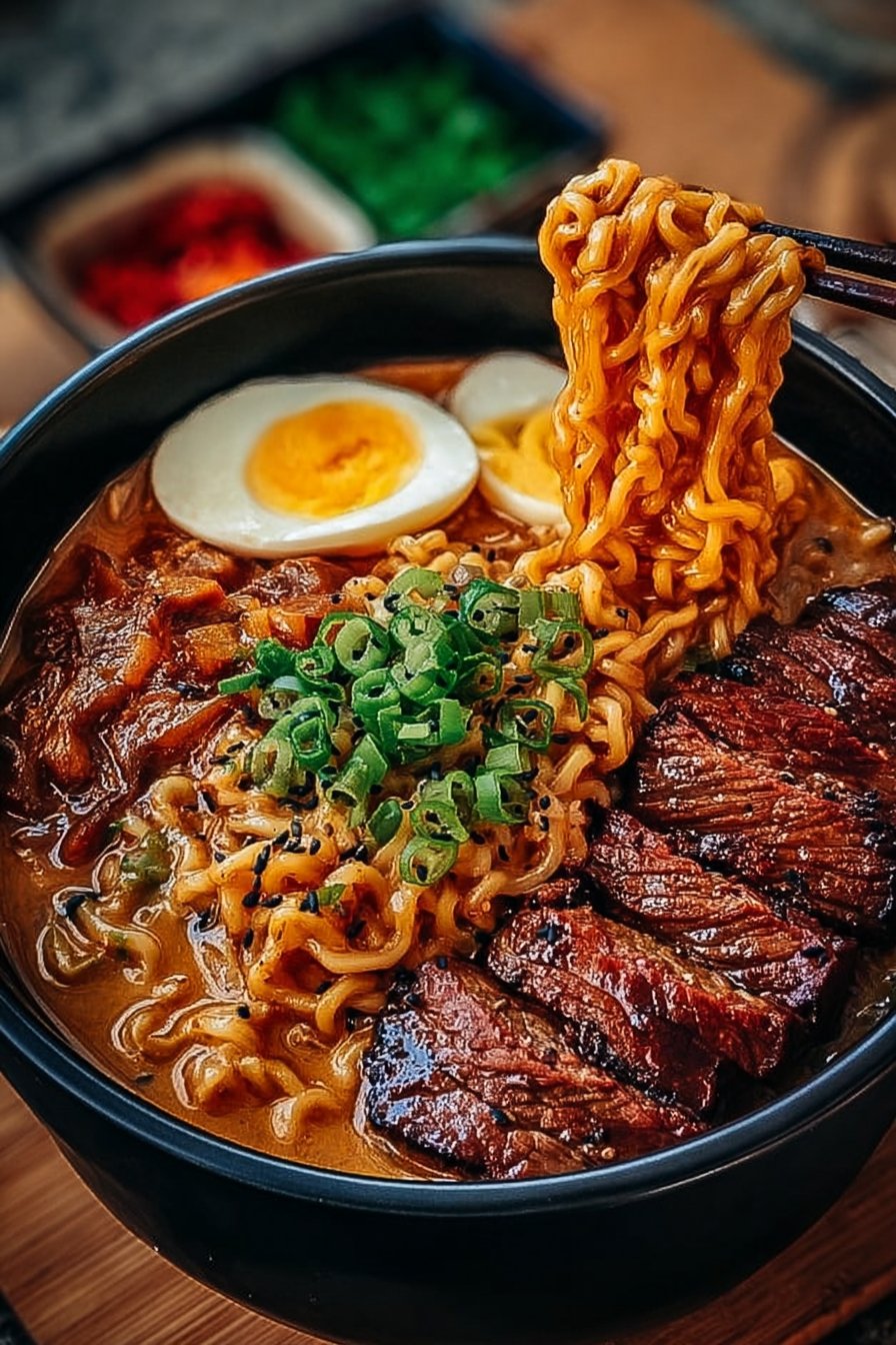 Spicy Korean Ramen with Grilled Beef & Creamy Sauce