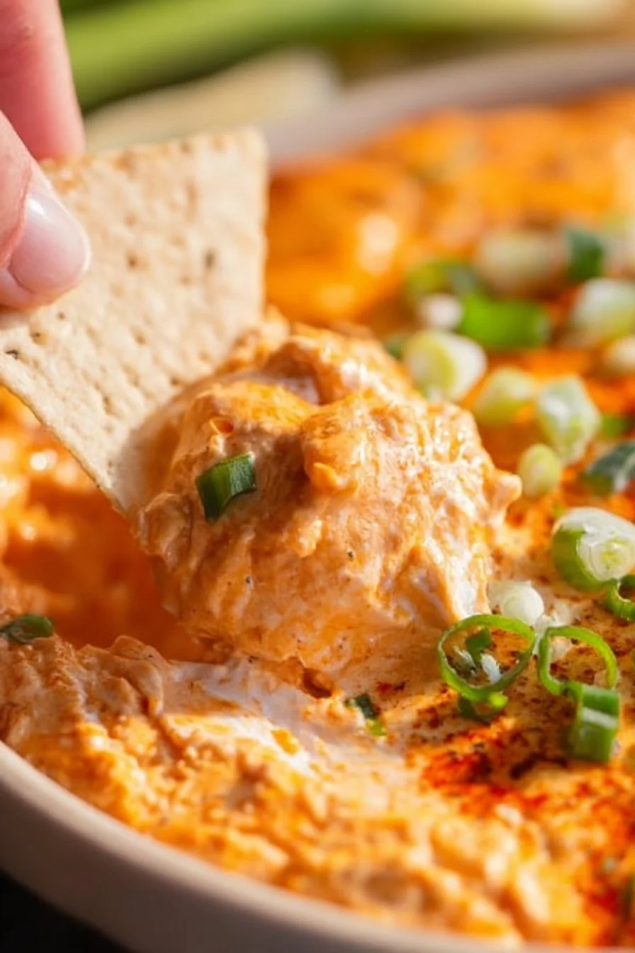 Healthy Cottage Cheese Buffalo Chicken Dip served with fresh veggies and chips.