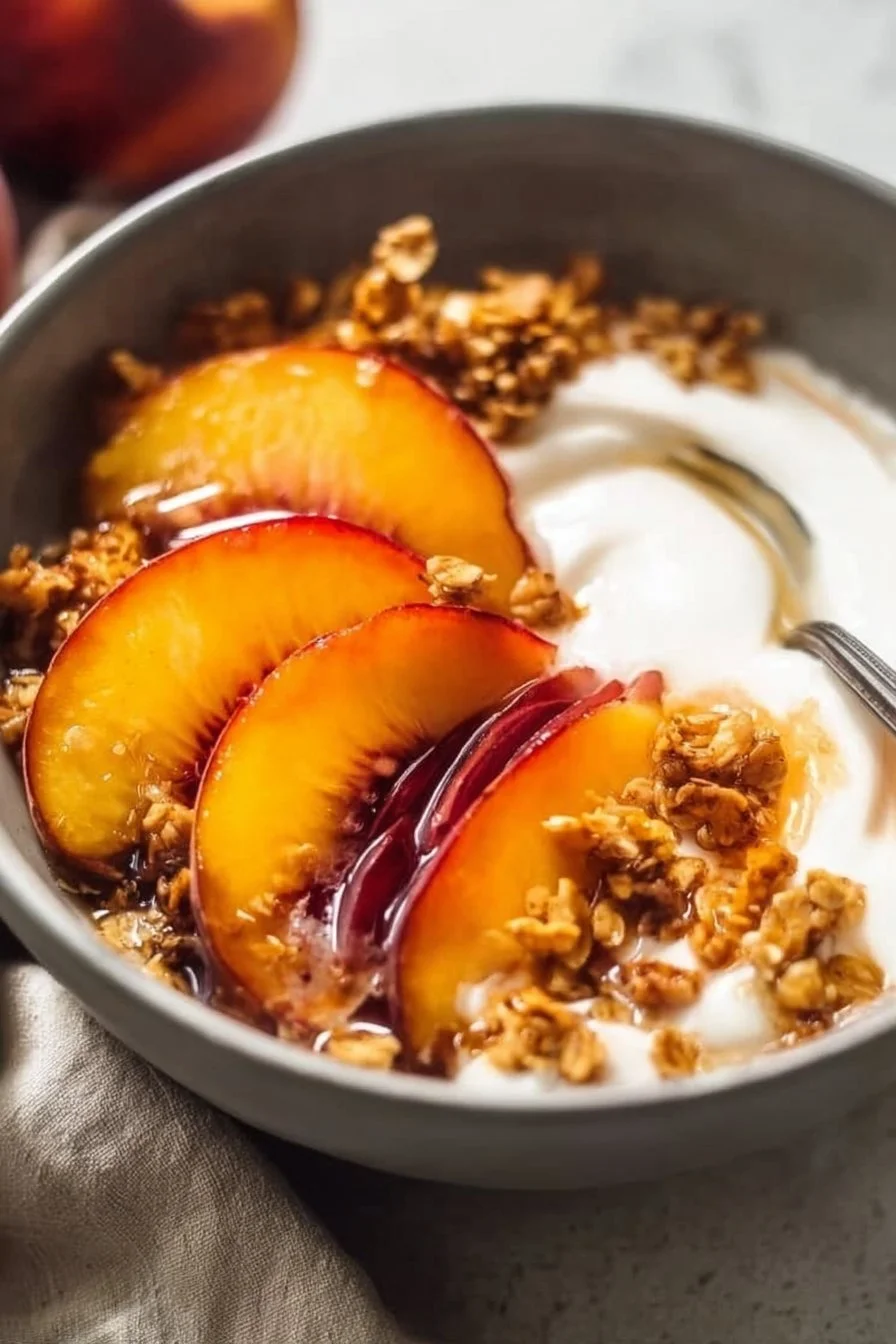 High-protein peach cobbler Greek yogurt bowl topped with fresh peaches and granola.