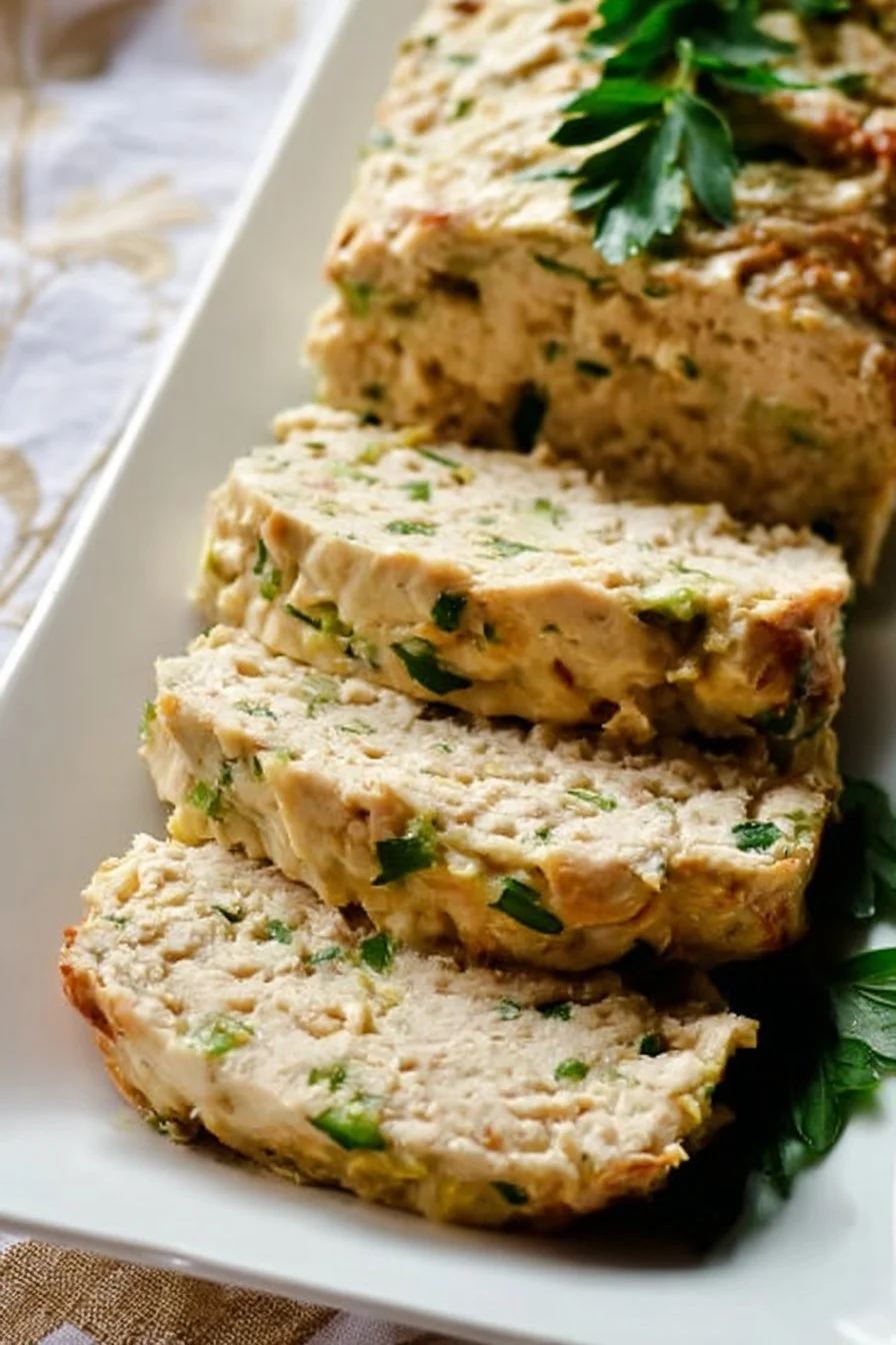 Delicious horseradish cheddar chicken meatloaf served on a plate.