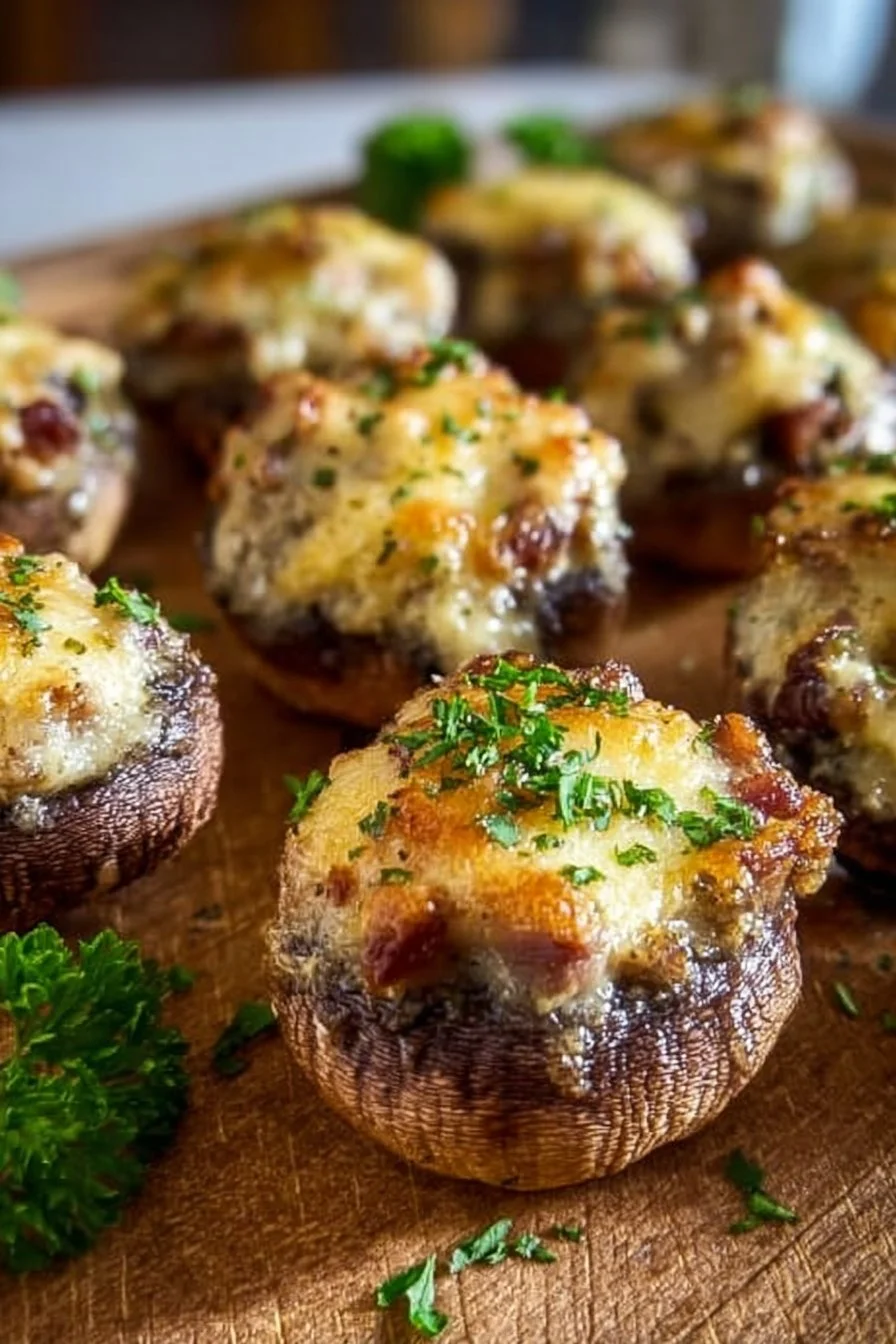 Delicious sausage stuffed mushrooms ready to be served as an appetizer