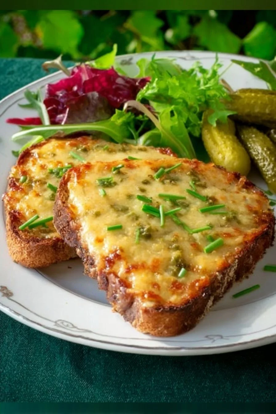 Delicious Irish Rarebit topped with melted cheese and savory ingredients