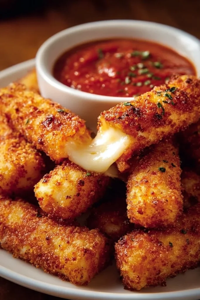 Homemade crispy mozzarella sticks served with marinara sauce