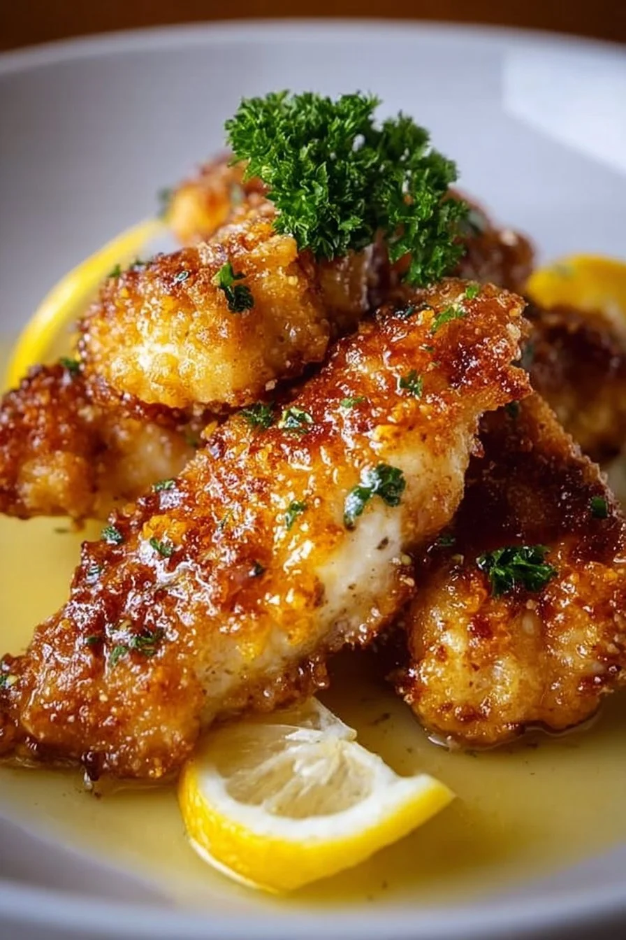 Crispy zesty lemon pecorino chicken dish garnished with fresh herbs