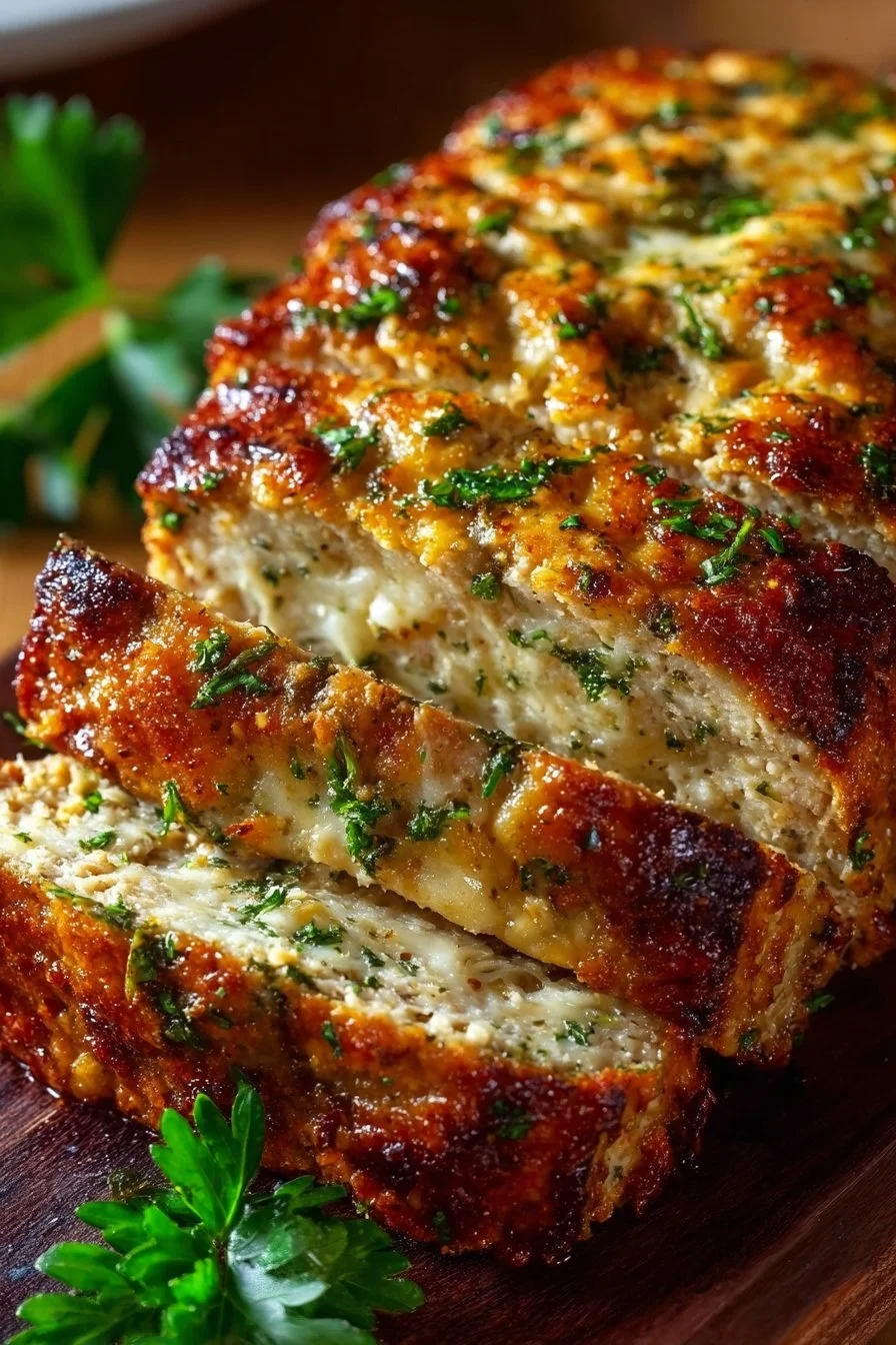 Delicious Italian Chicken Meatloaf served on a plate with herbs and sauce.