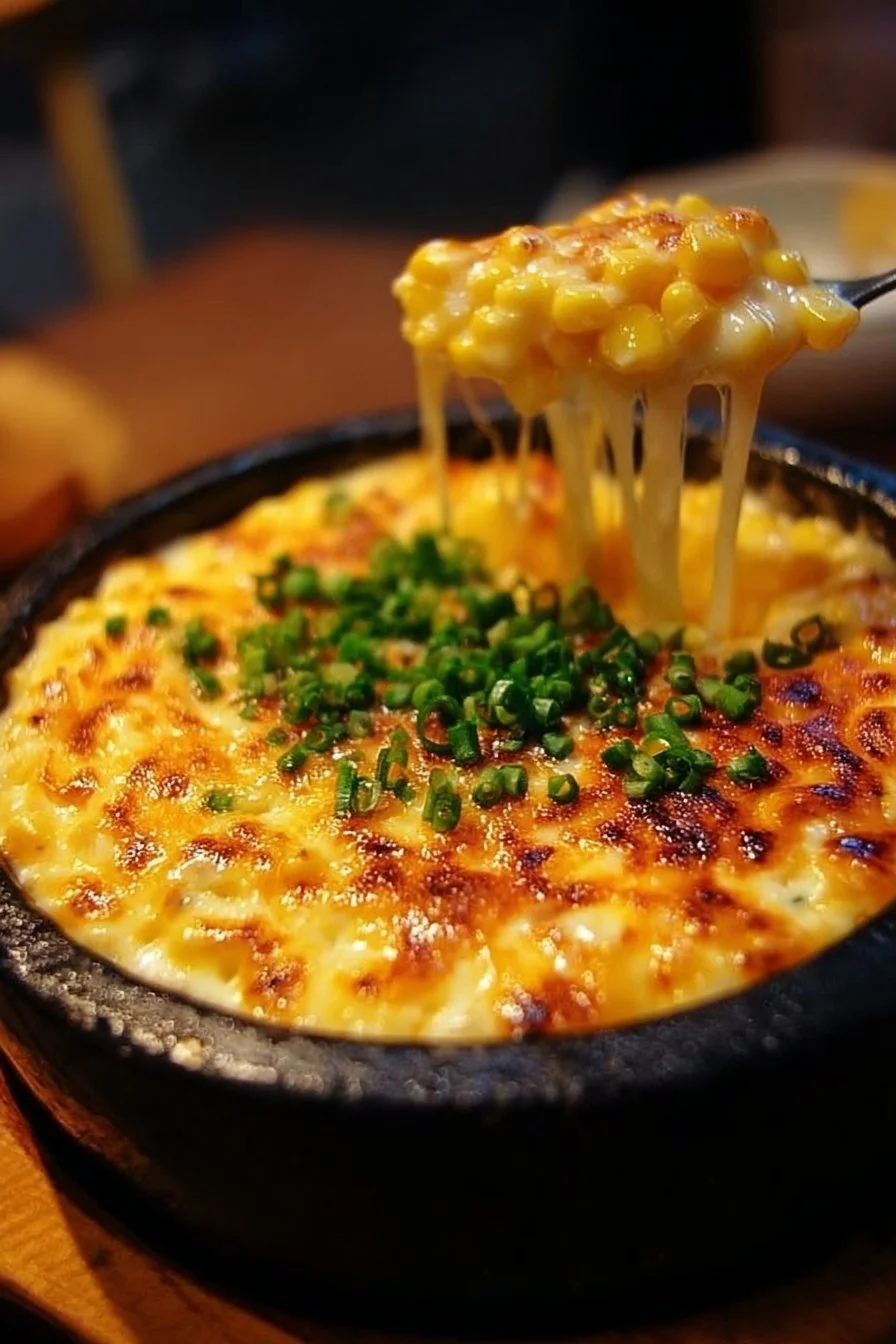 Delicious Korean Corn Cheese topped with melted cheese and fresh corn kernels