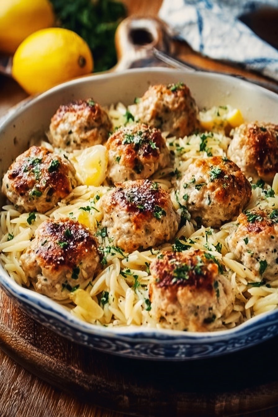 Greek Chicken Meatballs with Lemon Orzo