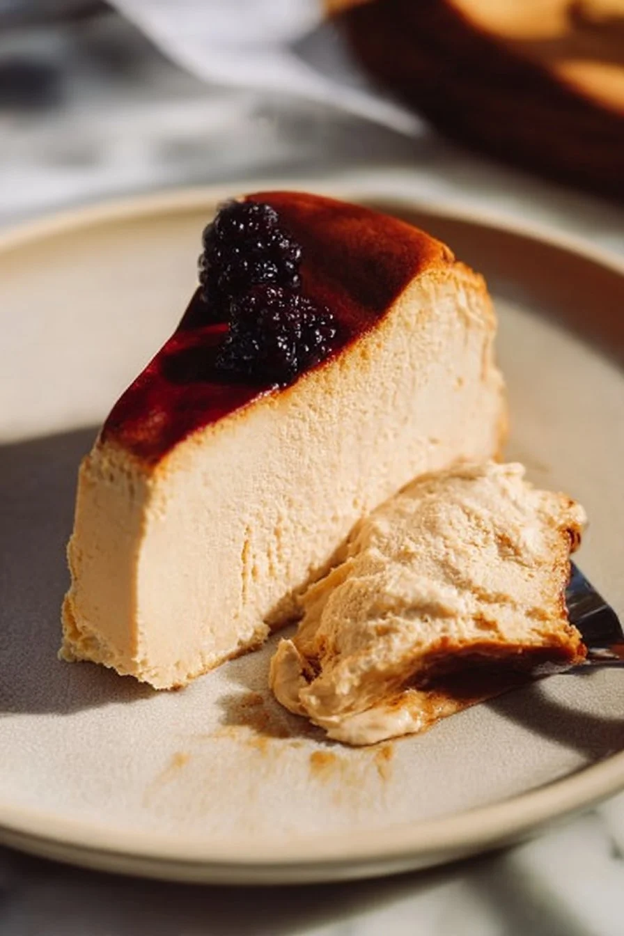 Delicious London Fog Basque Cheesecake topped with fresh blackberries