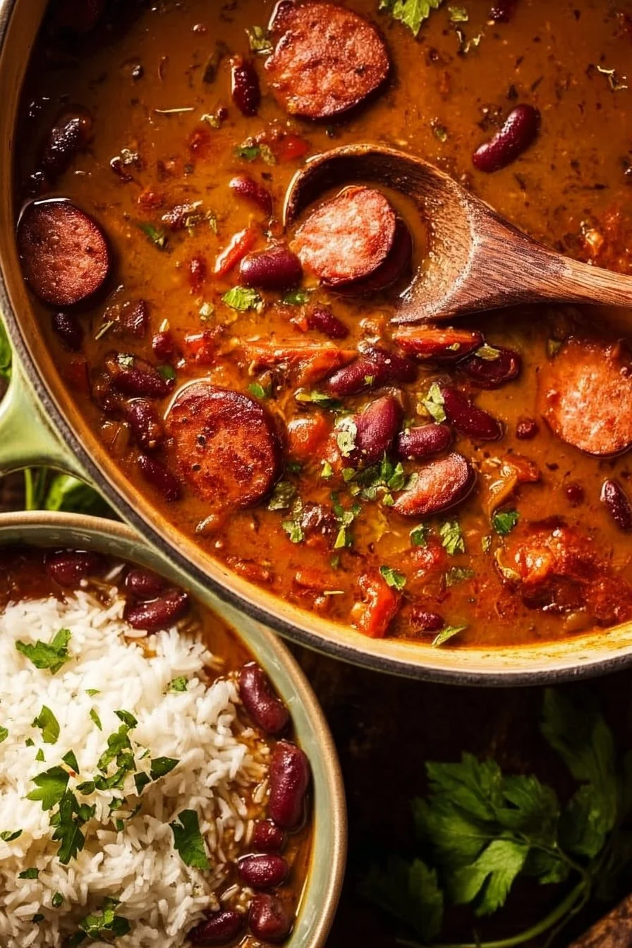 A bowl of Louisiana red beans and rice served with sausage and green onions.