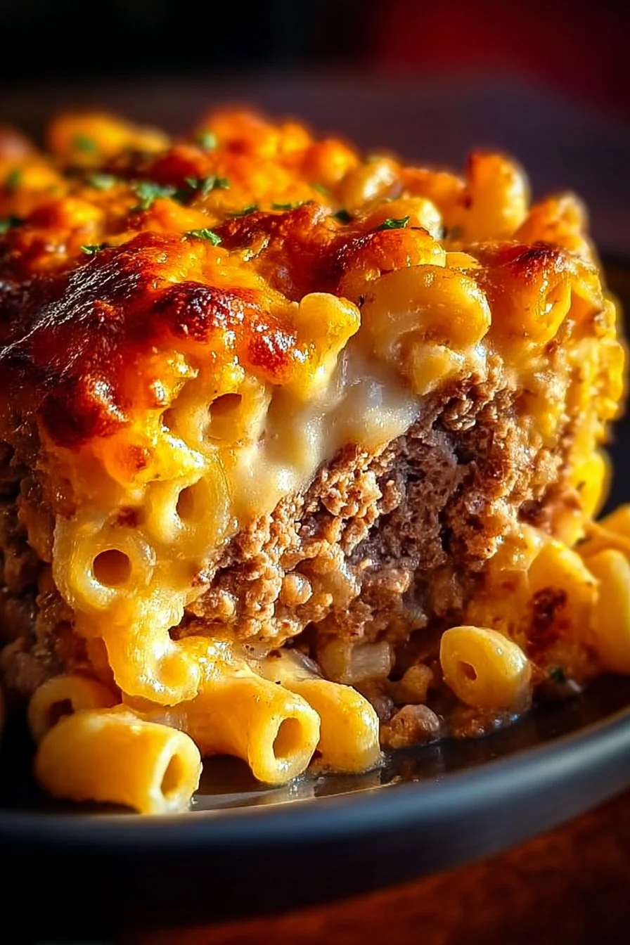 Delicious Macaroni and Cheese Meatloaf Casserole served in a dish