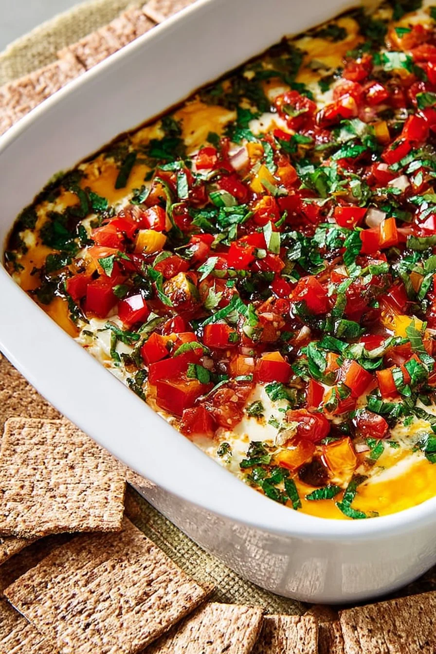 Homemade marinated cheese garnished with herbs and spices in a serving dish