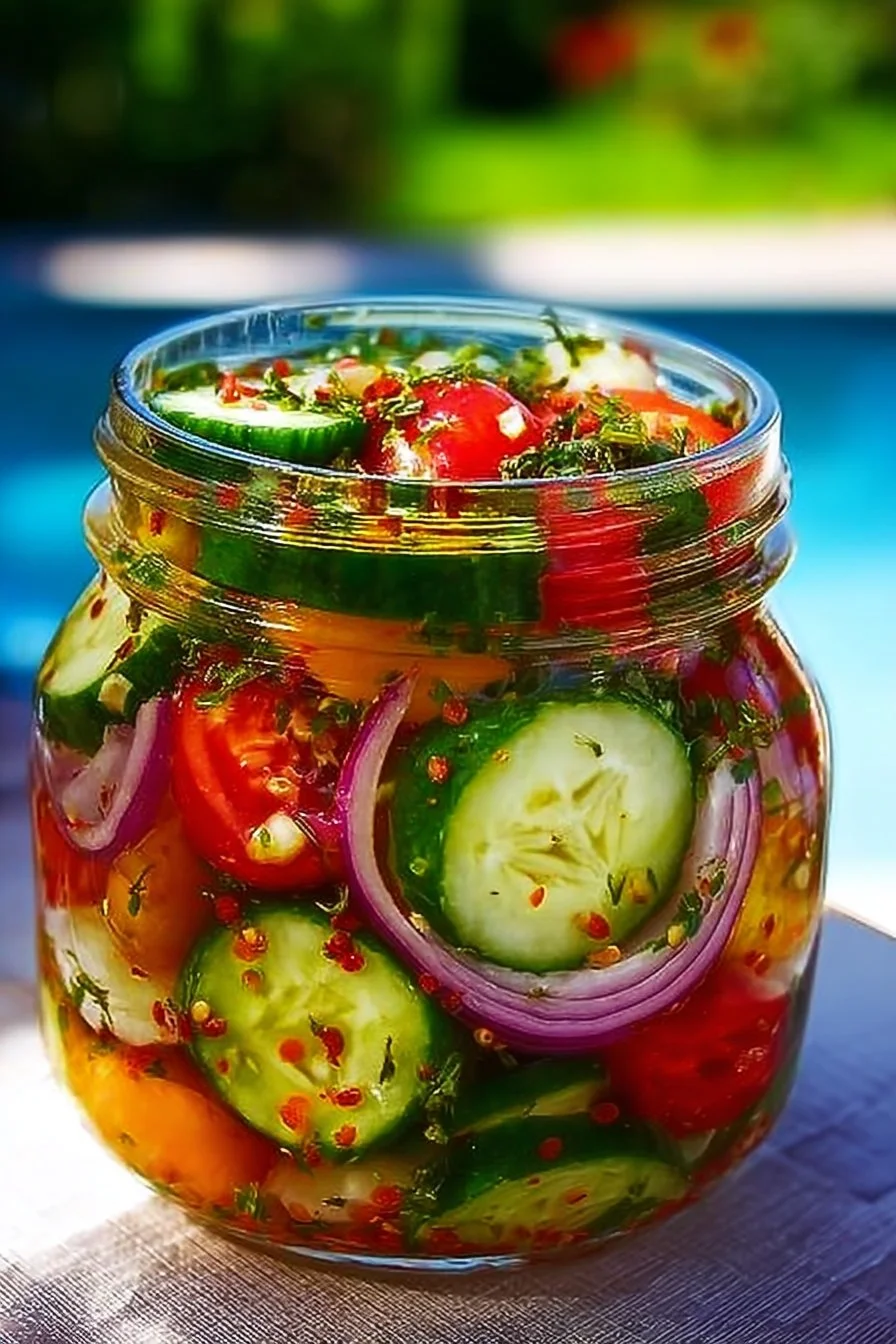 A colorful dish of marinated cucumbers, onions, and tomatoes served in a bowl.