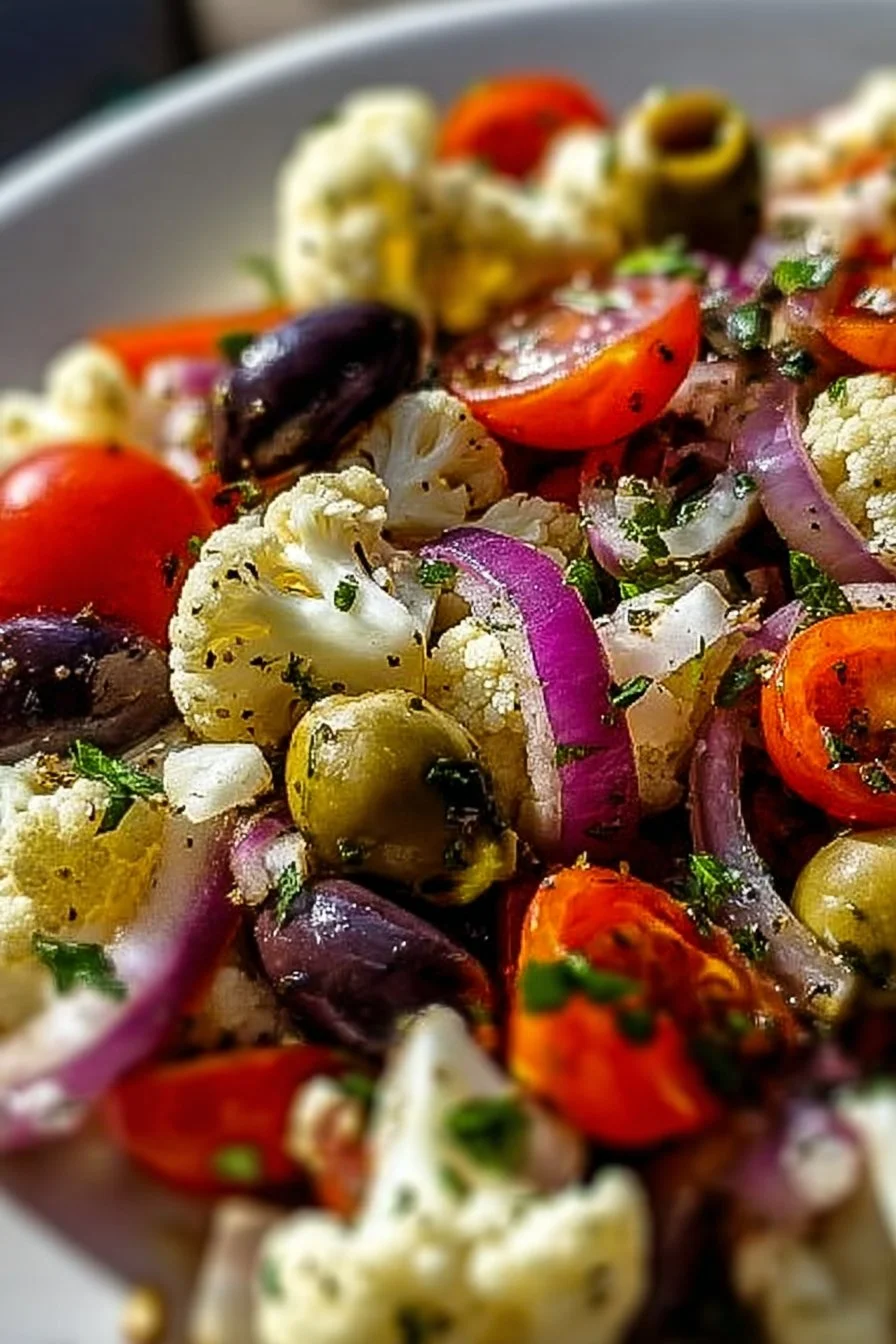 Mediterranean Marinated Cauliflower Salad with vibrant vegetables and herbs