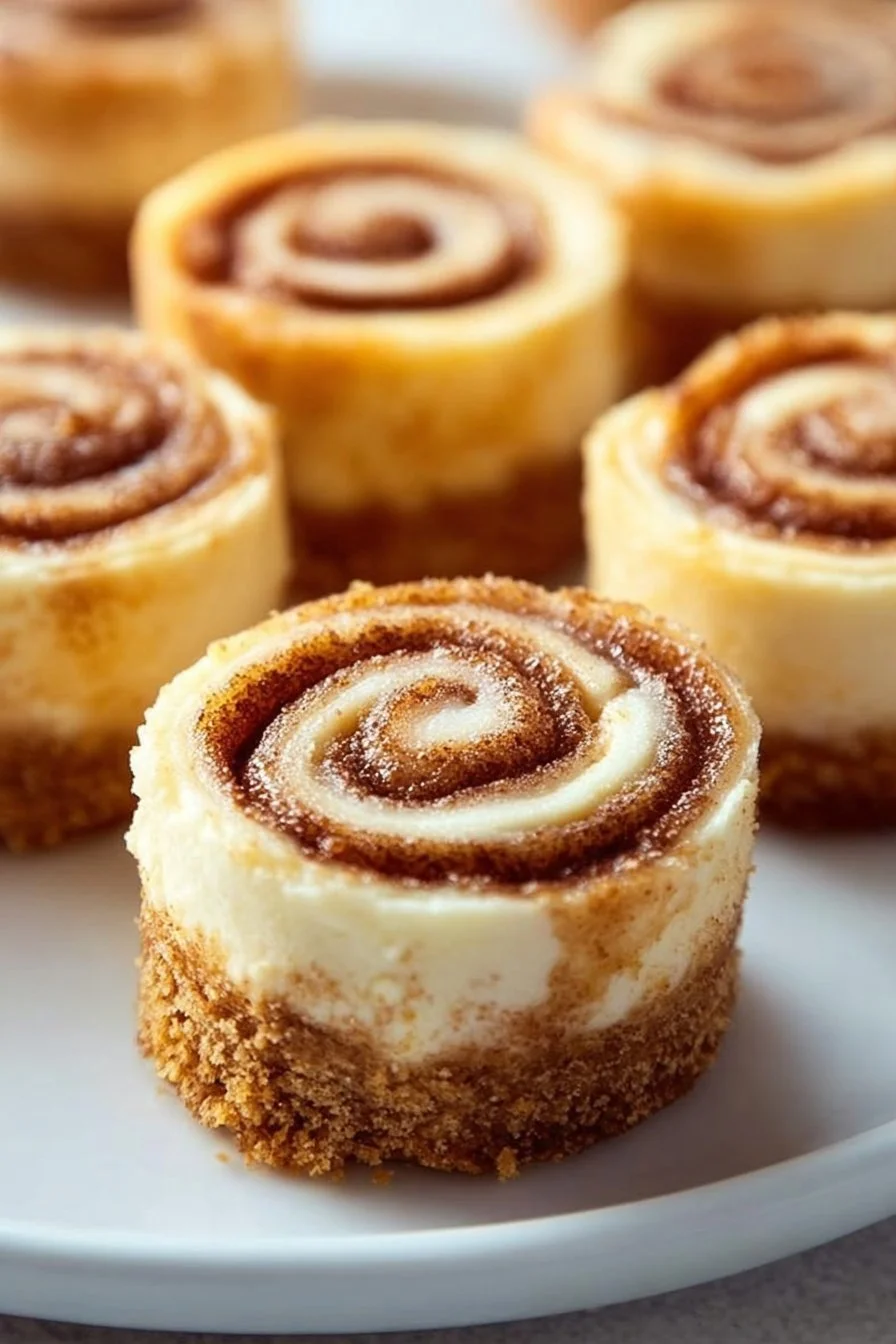 Mini cinnamon roll cheesecakes topped with cream cheese frosting