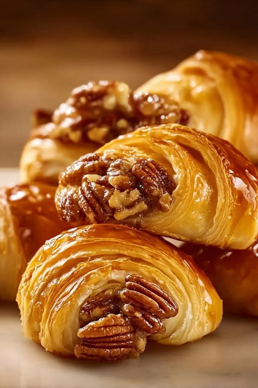 Freshly baked Pecan Crescent Rolls on a serving plate