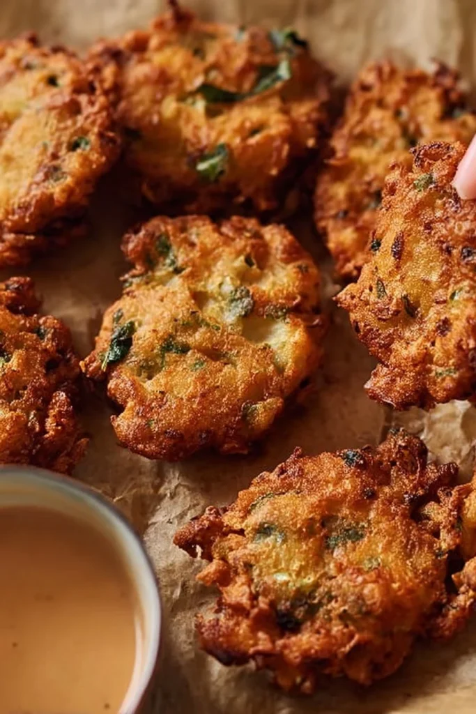 Crispy golden pickle fritters served with dipping sauce
