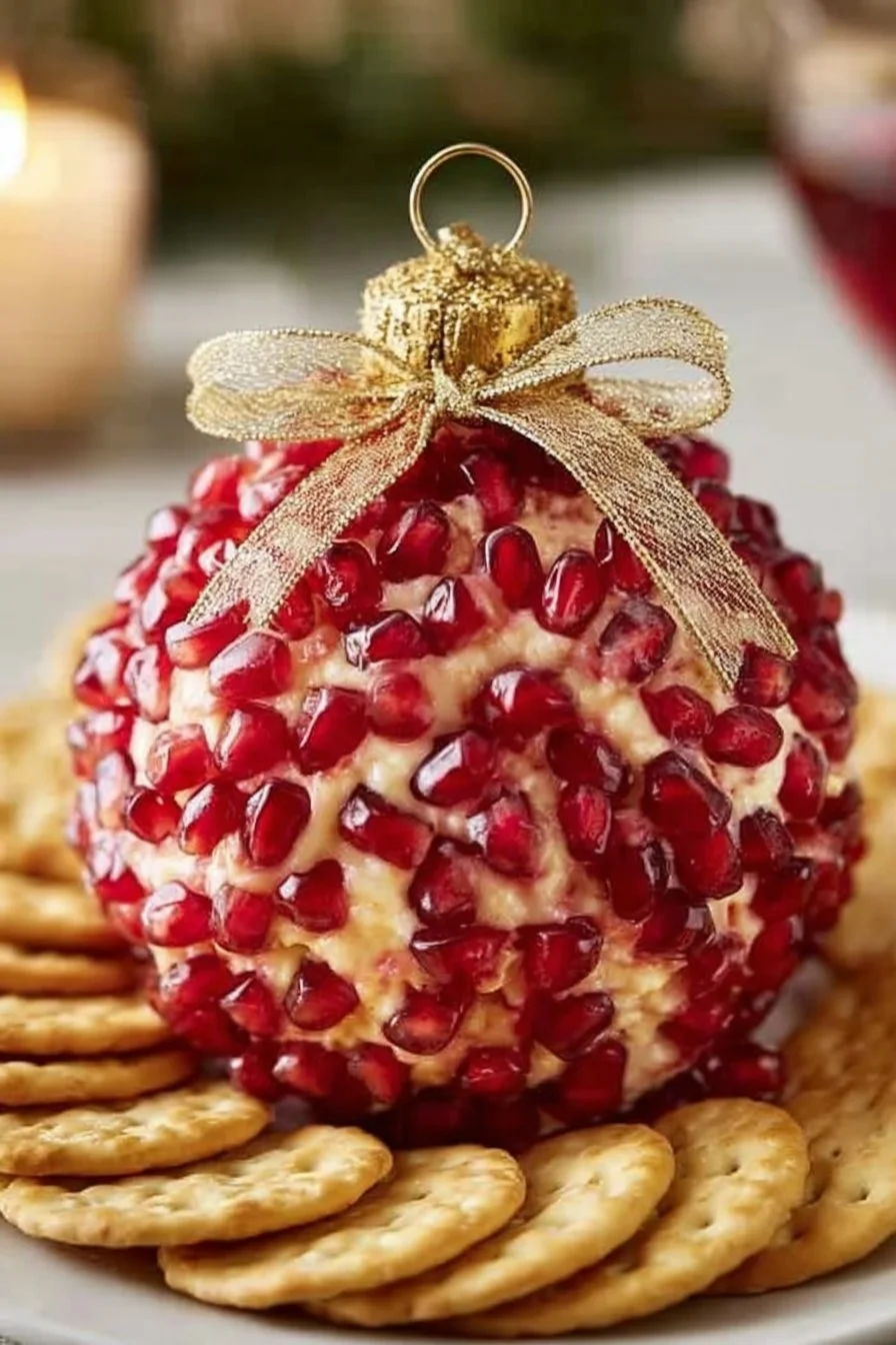 Festive pomegranate cheeseball on a platter with crackers and fruit