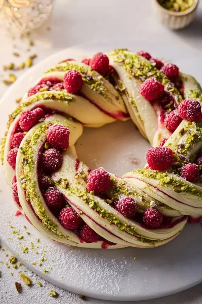 Homemade Raspberry Pistachio Wreath showcasing vibrant colors and delicious ingredients