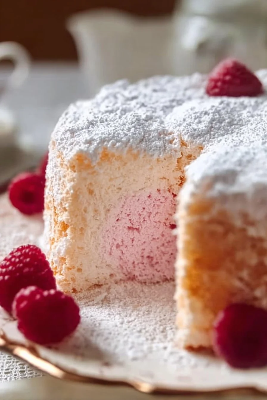 Delicious Raspberry Angel Food Cake topped with fresh raspberries and whipped cream.