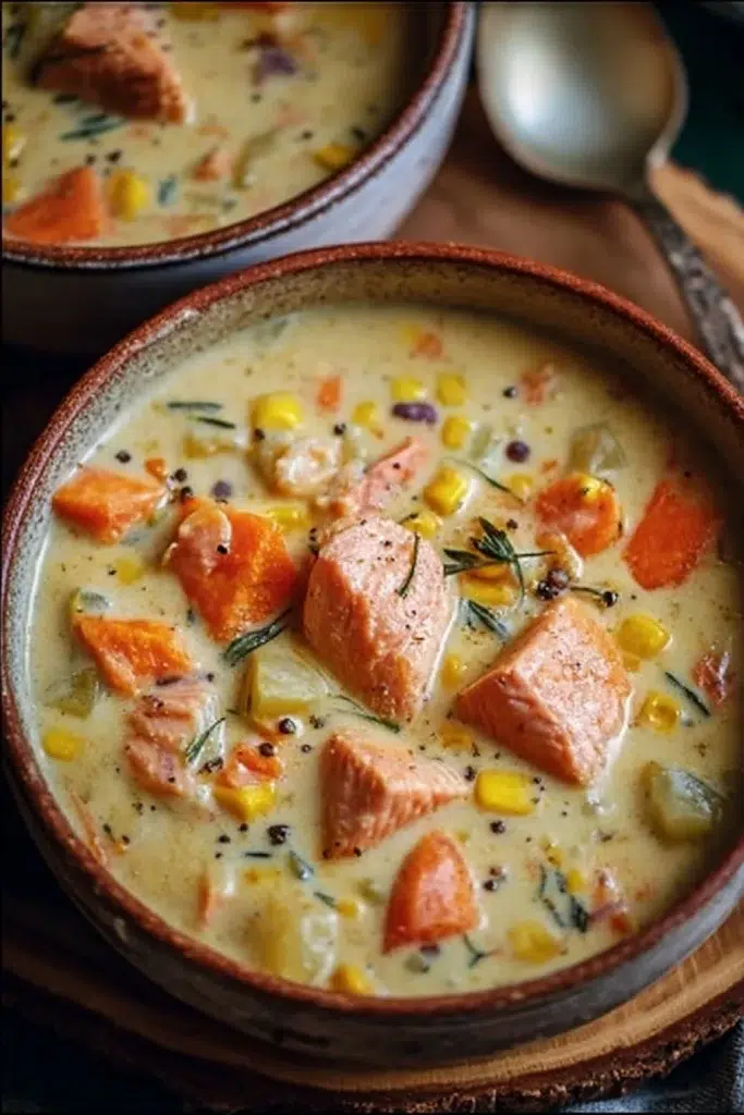 Bowl of creamy Salmon Chowder with vegetables and fresh herbs
