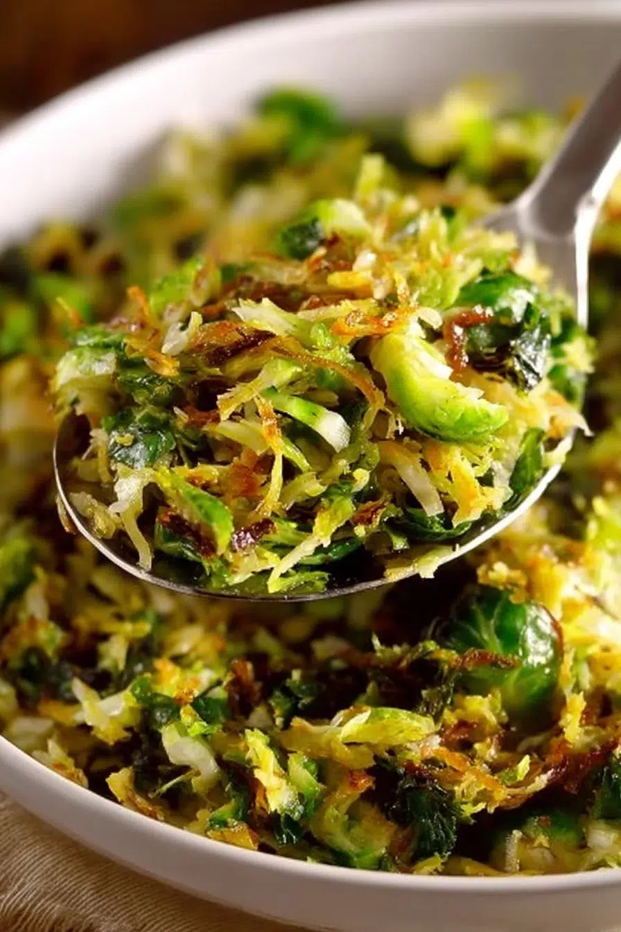 Sautéed shredded Brussels sprouts topped with grated Parmesan cheese