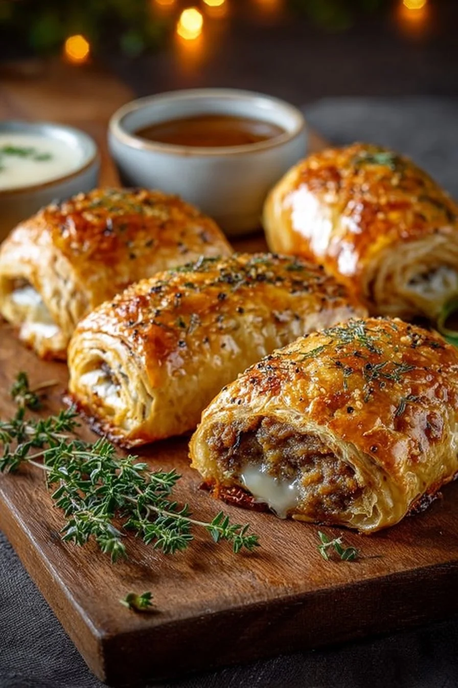 Savory French Onion Sausage Rolls baked until golden and flaky.