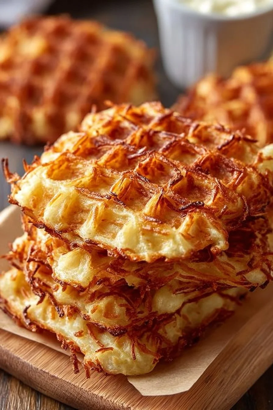 Savory hashbrown chaffles served with toppings.