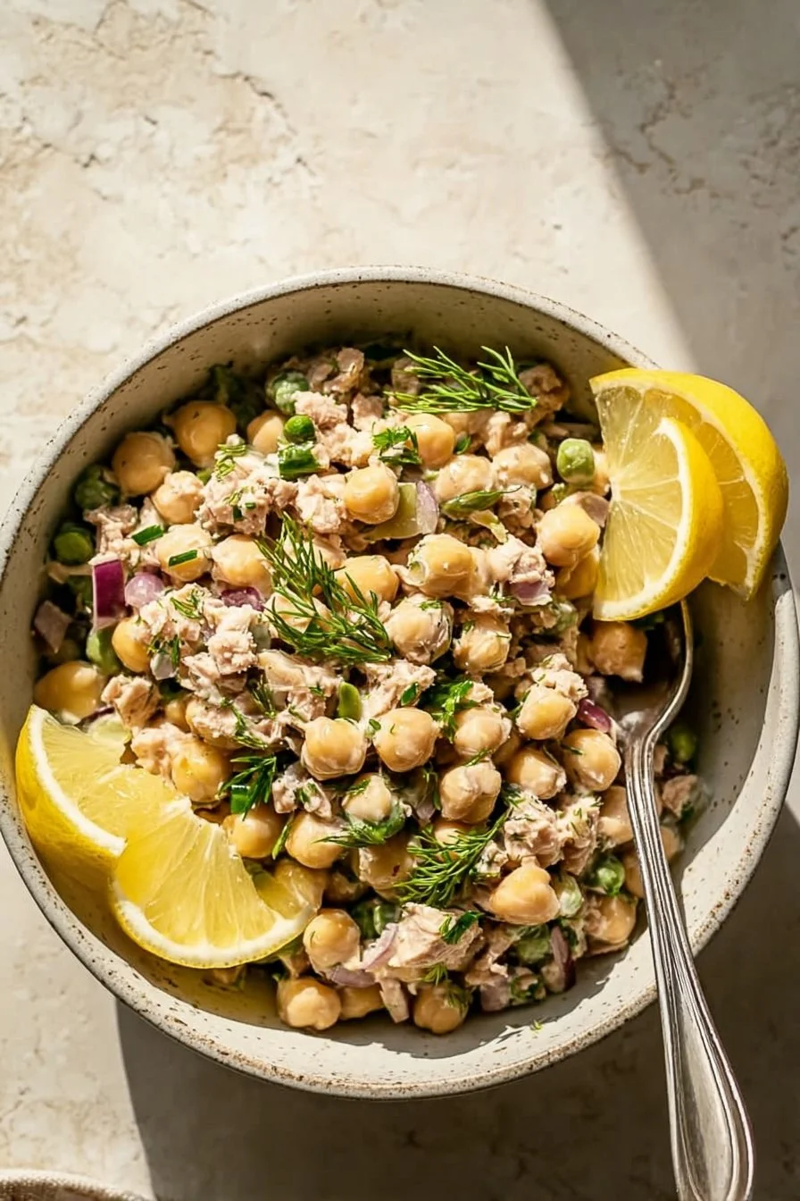 Simple Tuna Chickpea Salad with fresh ingredients and a delicious dressing