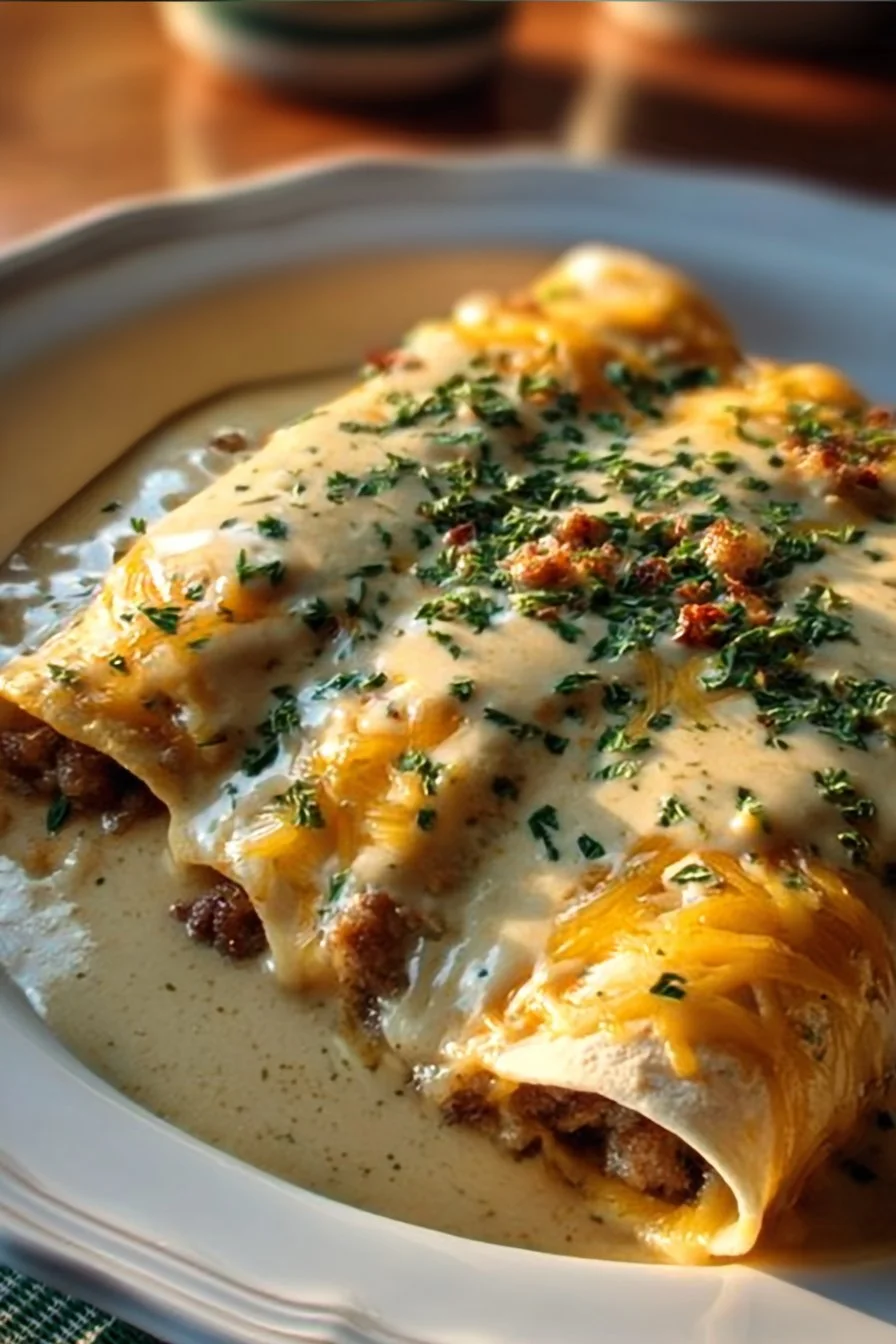 Southern breakfast enchiladas with sausage gravy served on a plate