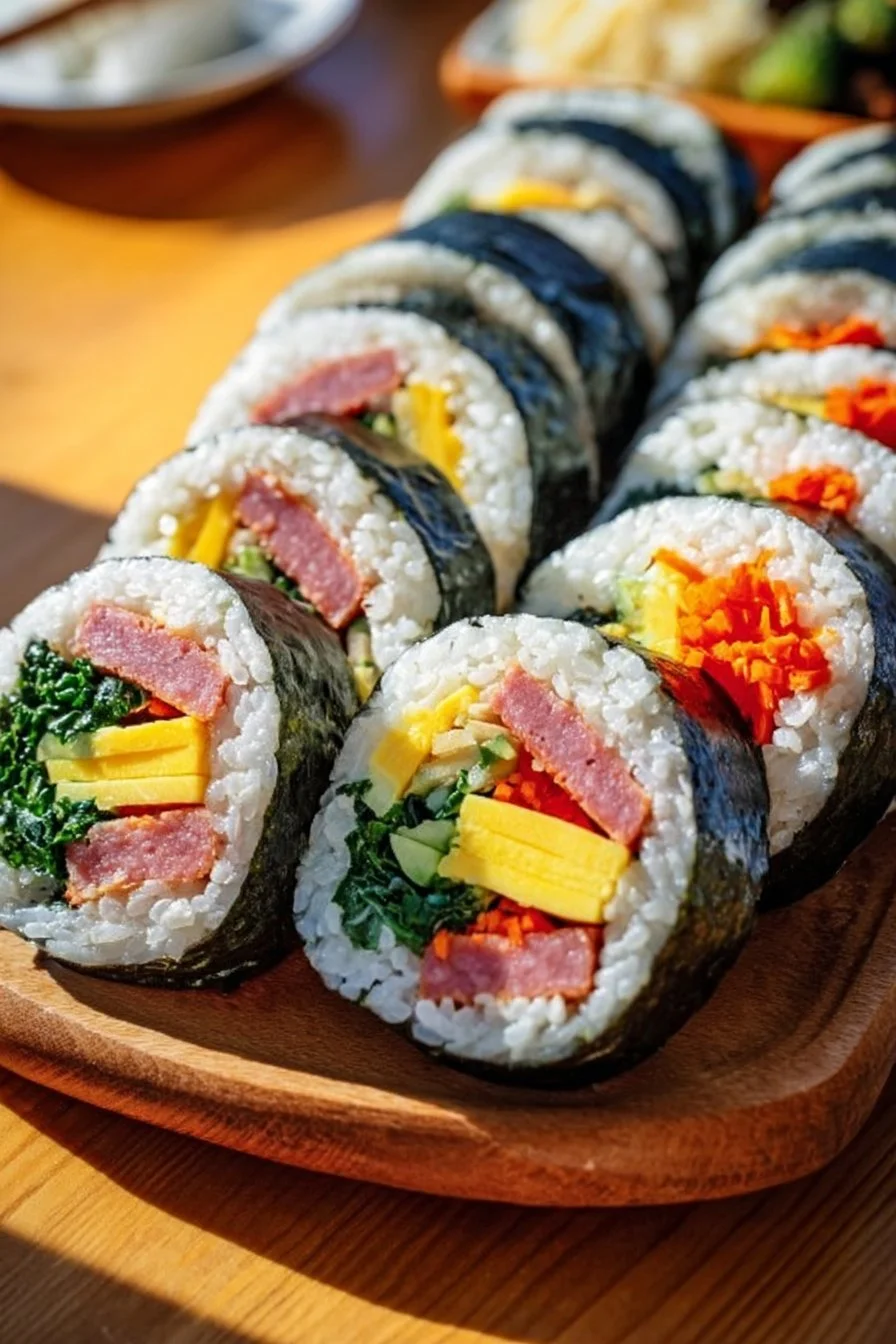 A vibrant Spam Kimbap roll filled with savory spam and fresh vegetables
