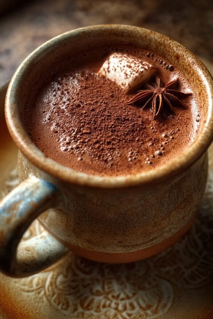 A steaming cup of spiced hot cocoa topped with whipped cream and cocoa powder.