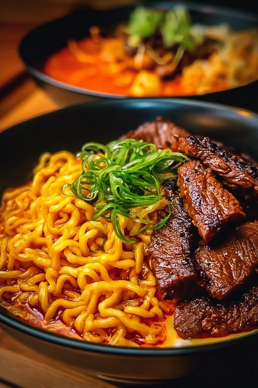 Delicious spicy Korean ramen with grilled beef and creamy sauce served in a bowl.