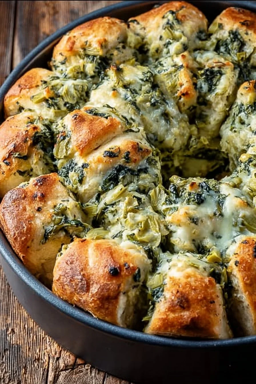 Delicious Spinach Artichoke Pull Apart Bread served on a wooden board.