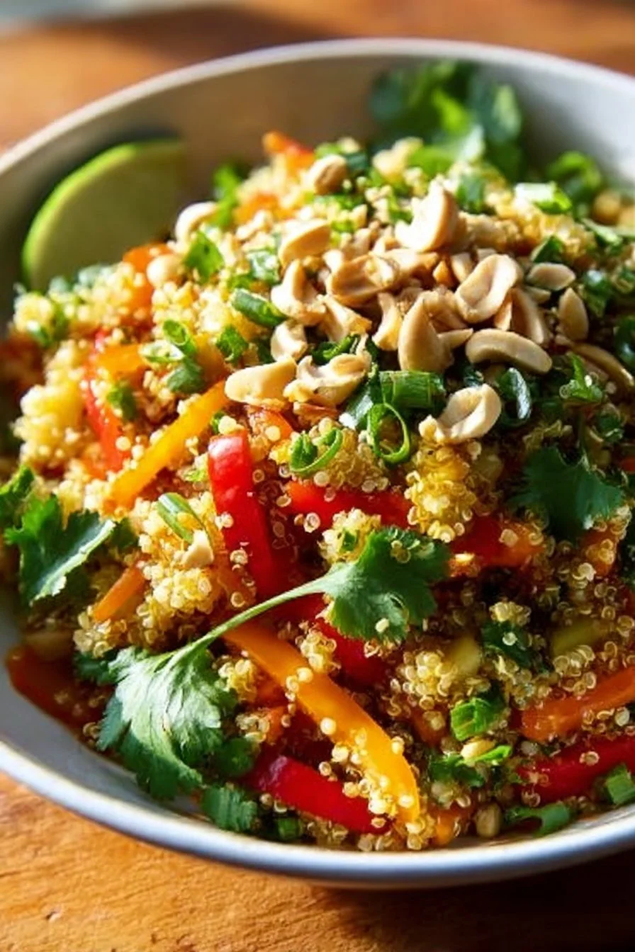 Colorful Thai Quinoa Crunch Salad with fresh vegetables and herbs