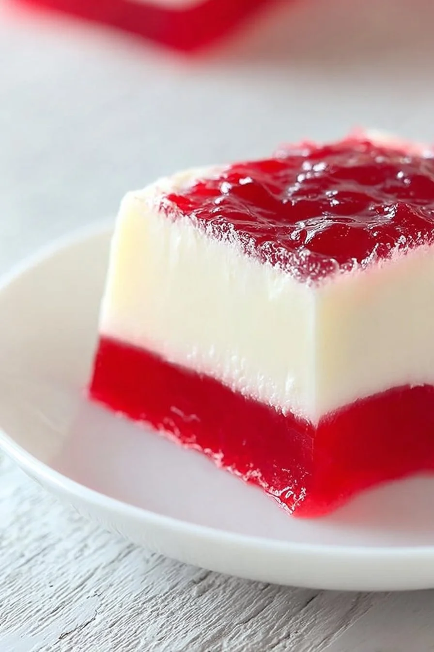 Creamy Vanilla Jello Salad topped with Cherry Pie Filling