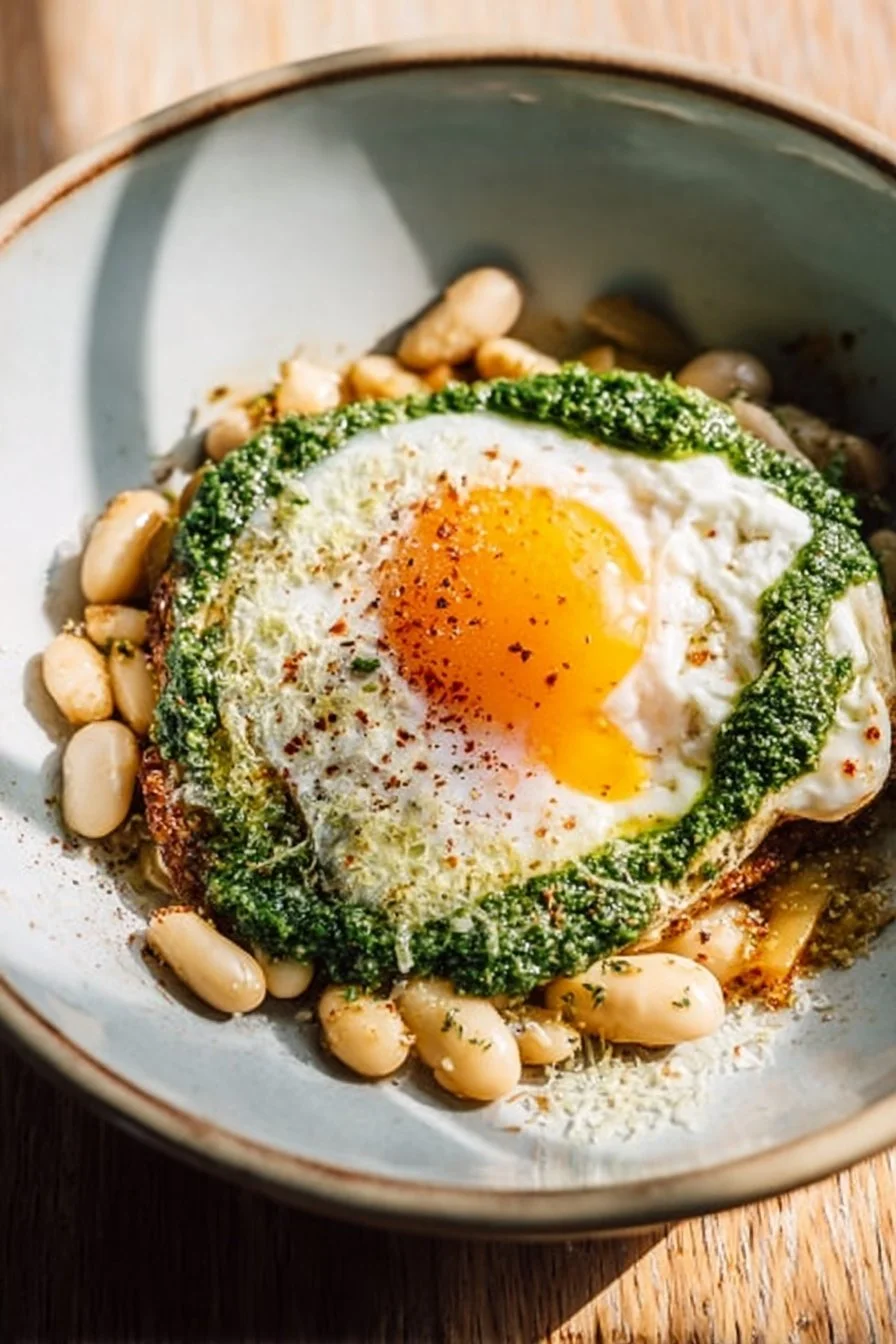 Crispy fried egg with parsley pesto and beans on a plate